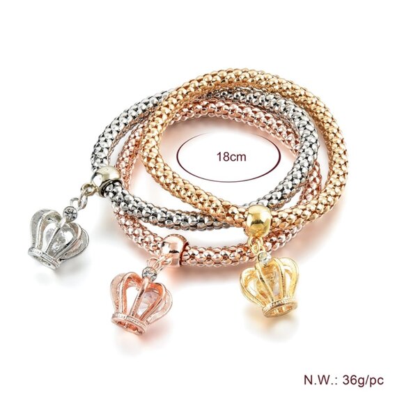 Elegant Crown Charm Bracelets – Set of Three in Gold, Silver & Rose Gold - Picture 3 of 7